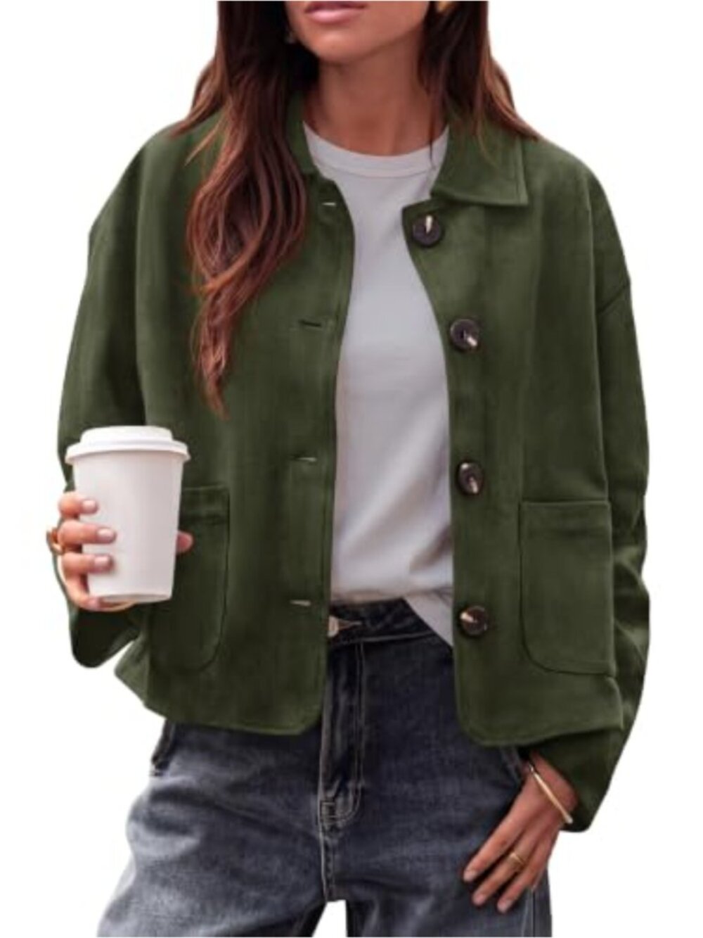 Faux Suede Cropped Jacket Button Front Casual Lightweight Fall Coat